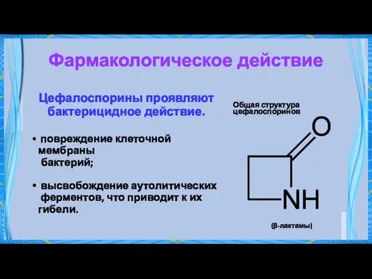 Фармакологическое действие Цефалоспорины проявляют бактерицидное действие. повреждение клеточной мембраны бактерий; высвобождение аутолитических