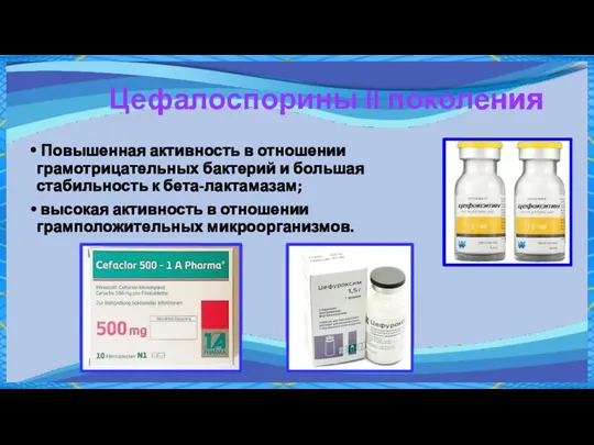 Цефалоспорины II поколения Повышенная активность в отношении грамотрицательных бактерий и большая стабильность