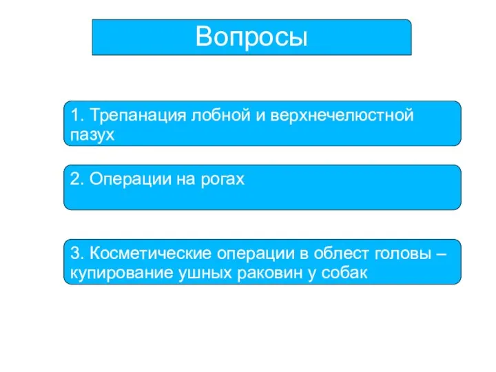 Вопросы 1. Трепанация лобной и верхнечелюстной пазух 2. Операции на рогах 3.