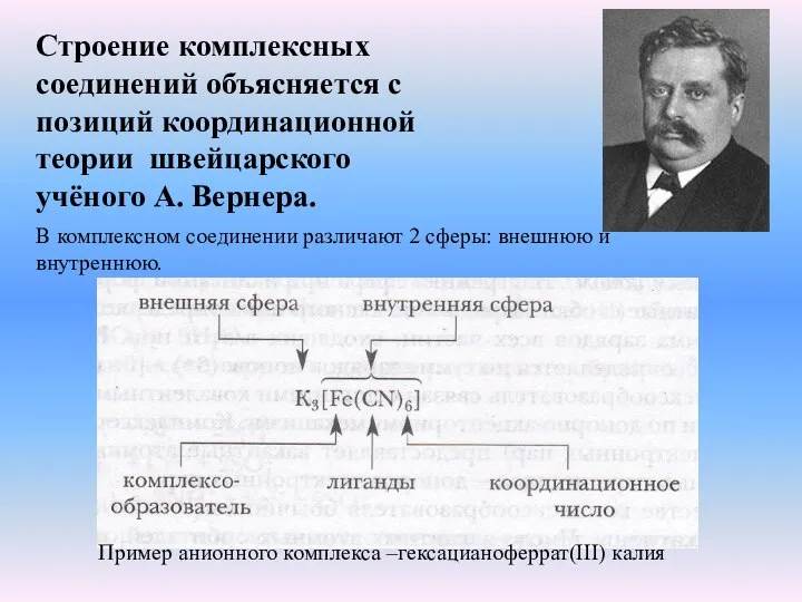 Строение комплексных соединений объясняется с позиций координационной теории швейцарского учёного А. Вернера.