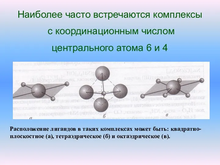 Наиболее часто встречаются комплексы с координационным числом центрального атома 6 и 4