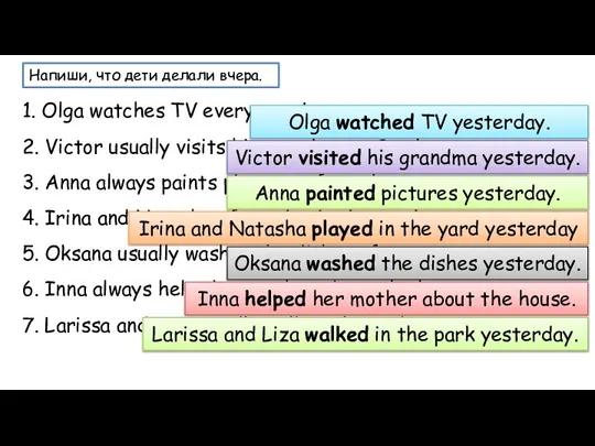 Напиши, что дети делали вчера. 1. Olga watches TV every evening. 2.