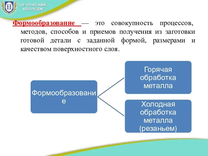 Формообразование — это совокупность процессов, методов, способов и приемов получения из заготовки