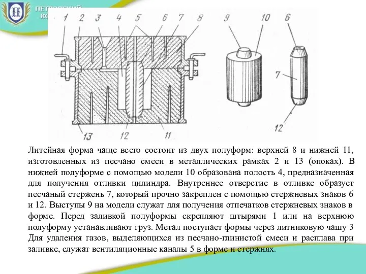 Литейная форма чаще всего состоит из двух полуформ: верхней 8 и нижней