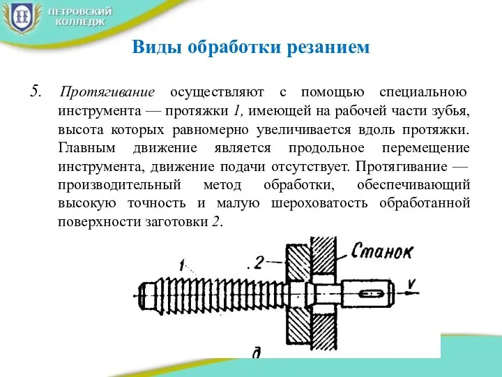 Виды обработки резанием 5. Протягивание осуществляют с помощью специальною инструмента — протяжки