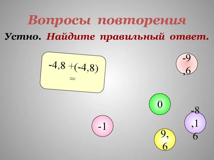 Вопросы повторения Устно. Найдите правильный ответ. -4,8 +(-4,8) = -1 0 9,6 -9,6 -8,16