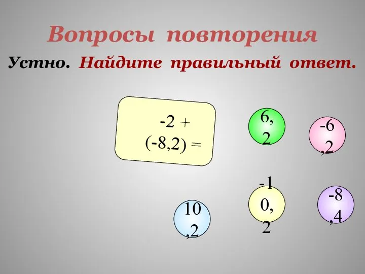 Вопросы повторения Устно. Найдите правильный ответ. -2 + (-8,2) = -6,2 6,2 10,2 -10,2 -8,4