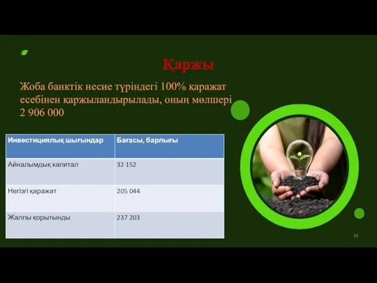 Қаржы Жоба банктік несие түріндегі 100% қаражат есебінен қаржыландырылады, оның мөлшері 2 906 000