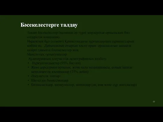 Бәсекелестерге талдау Текше бәсекелестер (қаланың әр түрлі жерлерінде орналасқан био өндірістік компания).