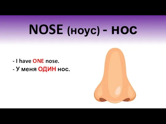 NOSE (ноус) - нос - I have ONE nose. - У меня ОДИН нос.