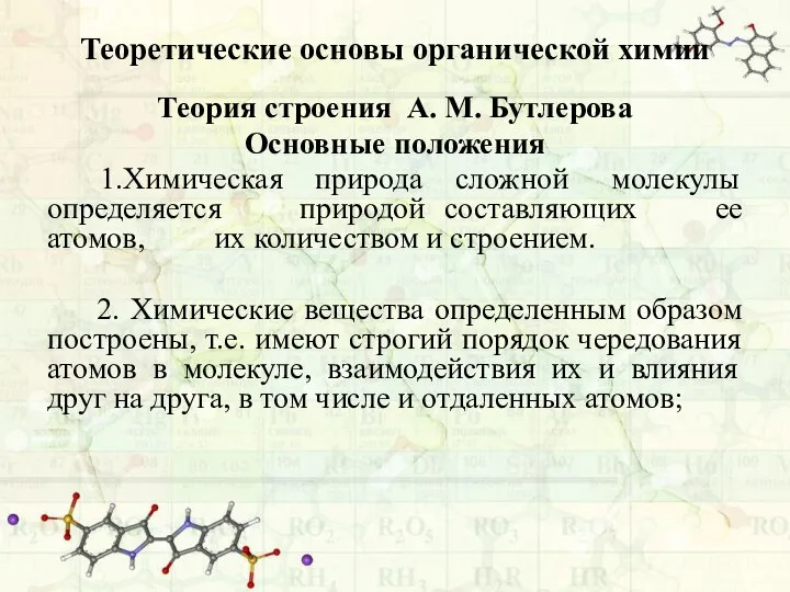 Теоретические основы органической химии Теория строения А. М. Бутлерова Основные положения 1.Химическая