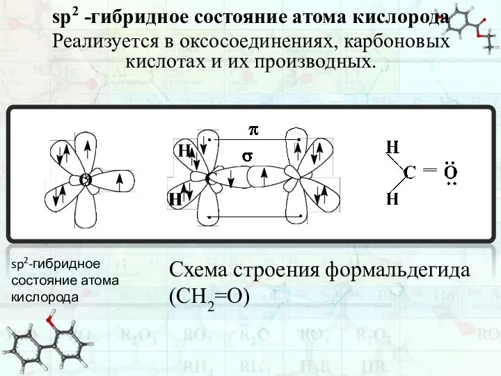 sp2 -гибридное состояние атома кислорода Реализуется в оксосоединениях, карбоновых кислотах и их