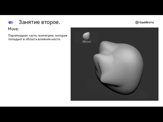 Move: Перемещают часть геометрии, которая попадает в область влияния кисти. Занятие второе.