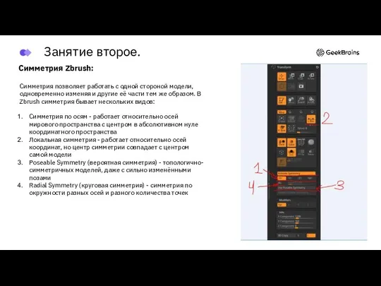 Симметрия Zbrush: Симметрия позволяет работать с одной стороной модели, одновременно изменяя и