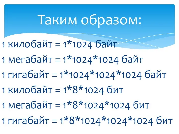 1 килобайт = 1*1024 байт 1 мегабайт = 1*1024*1024 байт 1 гигабайт