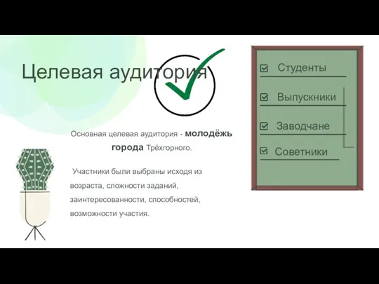 Целевая аудитория Основная целевая аудитория - молодёжь города Трёхгорного. Участники были выбраны