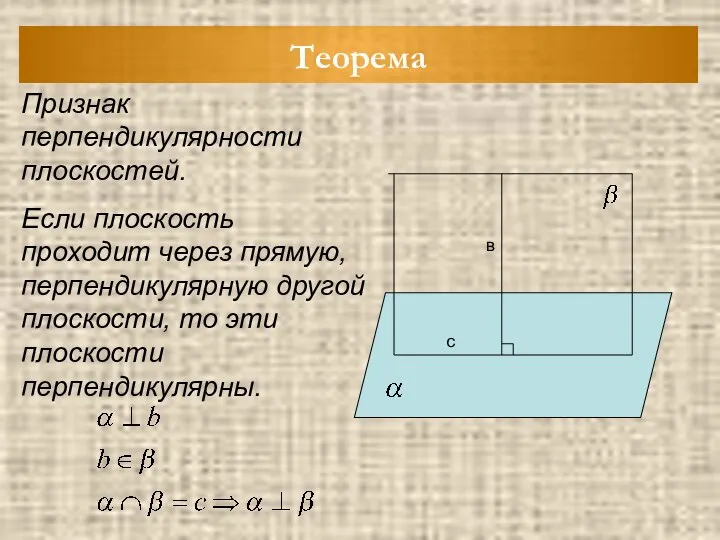 Теорема Признак перпендикулярности плоскостей. Если плоскость проходит через прямую, перпендикулярную другой плоскости,