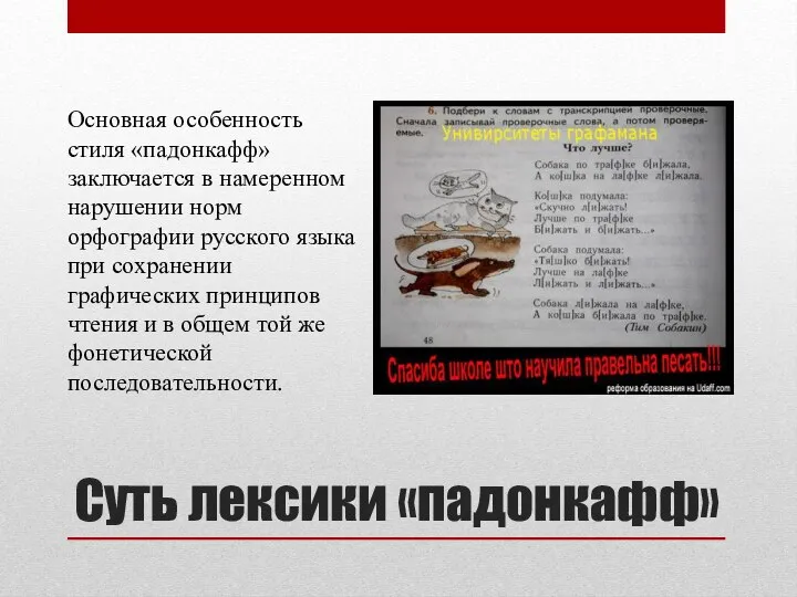 Суть лексики «падонкафф» Основная особенность стиля «падонкафф» заключается в намеренном нарушении норм