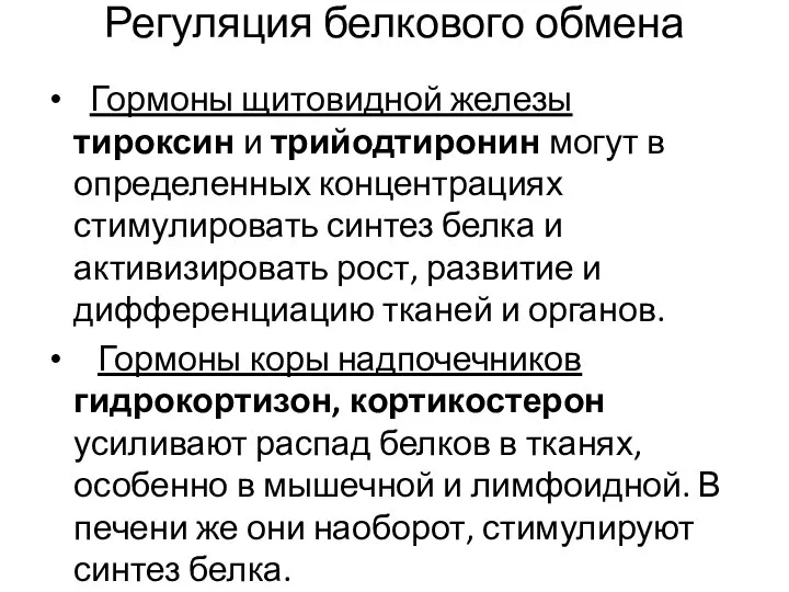 Регуляция белкового обмена Гормоны щитовидной железы тироксин и трийодтиронин могут в определенных