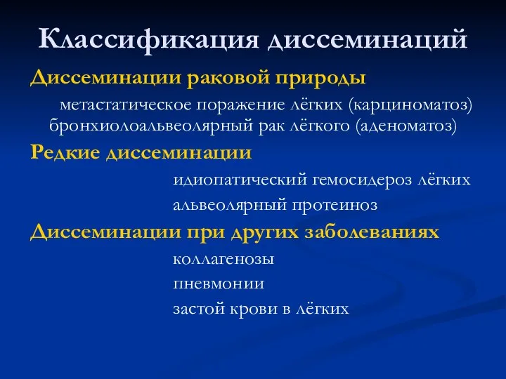 Классификация диссеминаций Диссеминации раковой природы метастатическое поражение лёгких (карциноматоз) бронхиолоальвеолярный рак лёгкого