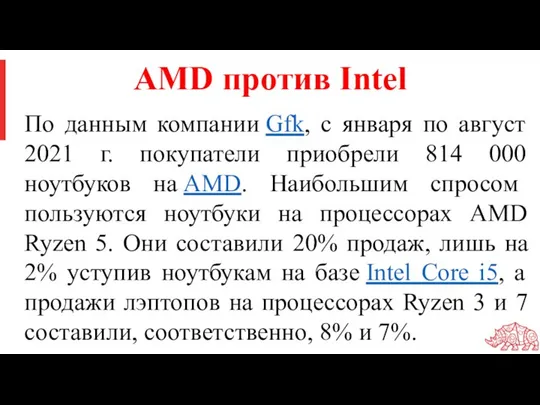 AMD против Intel По данным компании Gfk, с января по август 2021