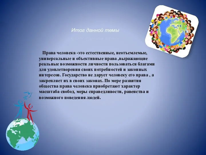 \ Права человека -это естественные, неотъемлемые, универсальные и объективные права ,выражающие реальные