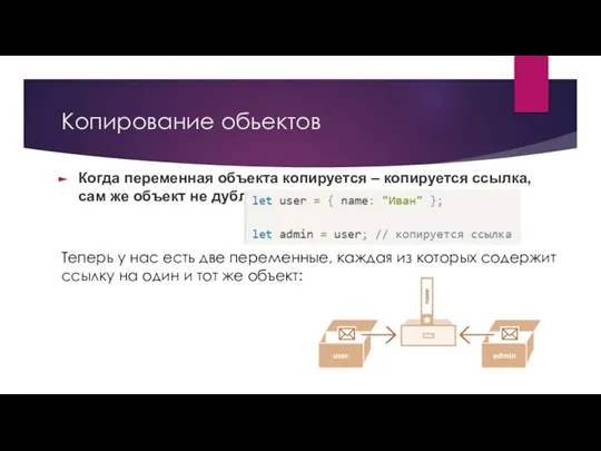 Копирование обьектов Когда переменная объекта копируется – копируется ссылка, сам же объект