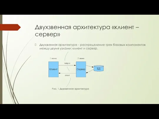 Двухзвенная архитектура «клиент – сервер» Двухзвенная архитектура – распределение трех базовых компонентов