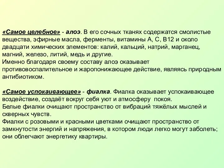 «Самое целебное» - алоэ. В его сочных тканях содержатся смолистые вещества, эфирные