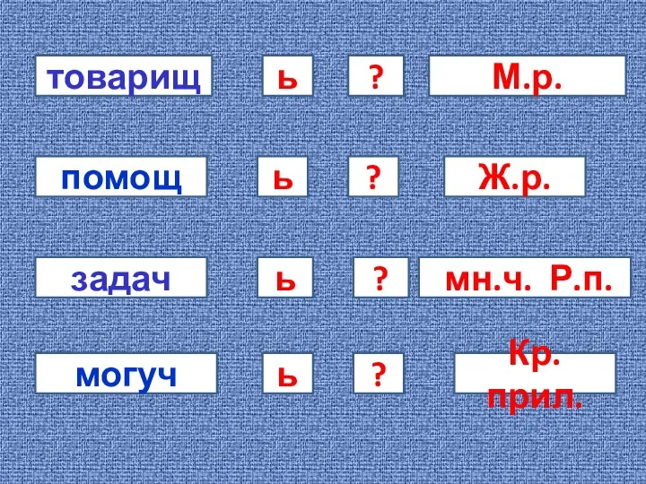 товарищ М.р. ? помощ ь ь ? Ж.р. задач ь ? мн.ч.