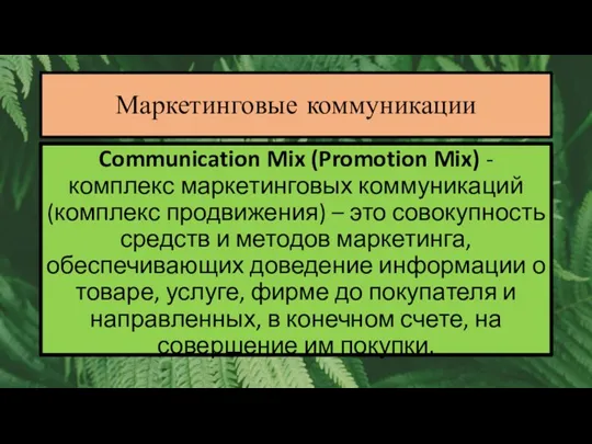 Communication Mix (Promotion Mix) - комплекс маркетинговых коммуникаций (комплекс продвижения) – это