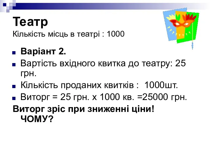 Театр Кількість місць в театрі : 1000 Варіант 2. Вартість вхідного квитка