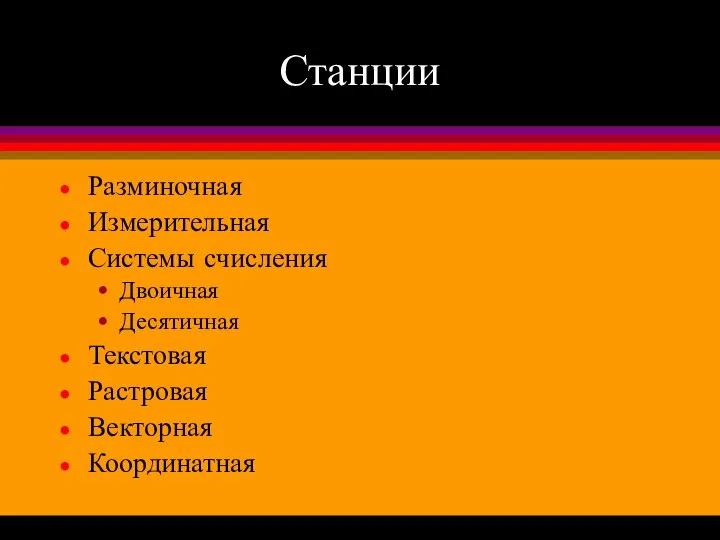 Станции Разминочная Измерительная Системы счисления Двоичная Десятичная Текстовая Растровая Векторная Координатная