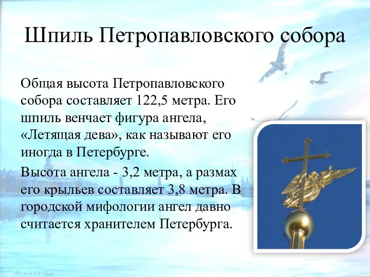 Общая высота Петропавловского собора составляет 122,5 метра. Его шпиль венчает фигура ангела,