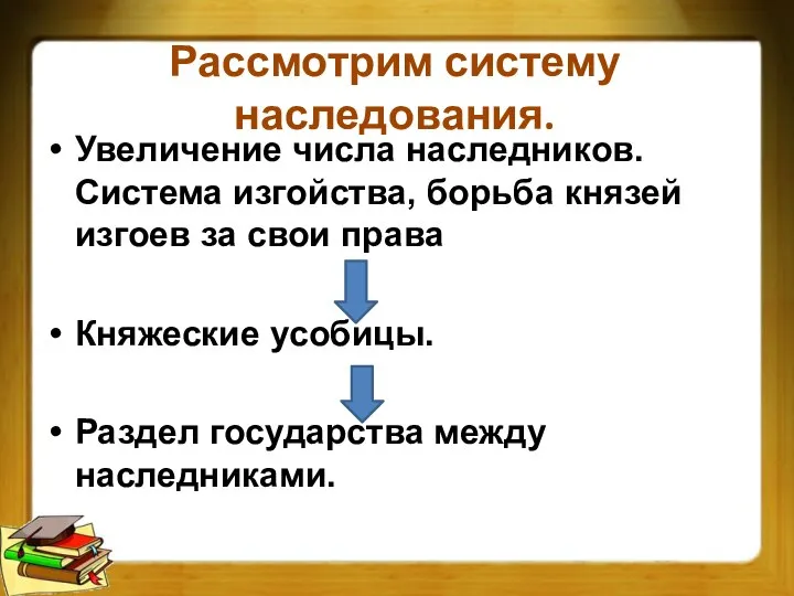 Рассмотрим систему наследования. Увеличение числа наследников. Система изгойства, борьба князей изгоев за