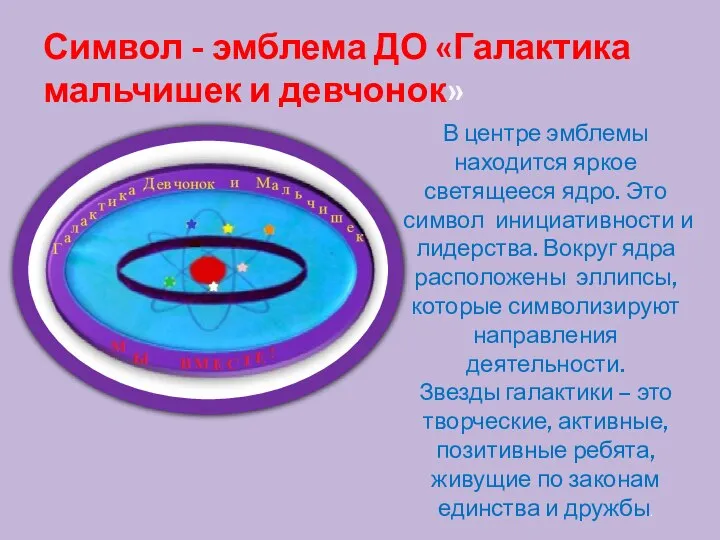 Символ - эмблема ДО «Галактика мальчишек и девчонок» В центре эмблемы находится