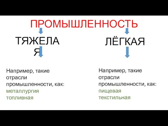 ПРОМЫШЛЕННОСТЬ ТЯЖЕЛАЯ ЛЁГКАЯ Например, такие отрасли промышленности, как: металлургия топливная Например, такие