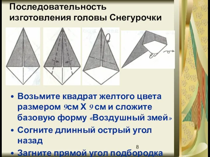 Последовательность изготовления головы Снегурочки Возьмите квадрат желтого цвета размером 9см Х 9