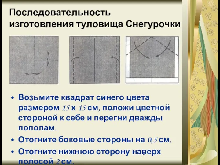 Последовательность изготовления туловища Снегурочки Возьмите квадрат синего цвета размером 15 х 15