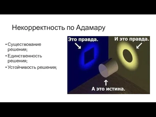 Некорректность по Адамару Существование решения; Единственность решения; Устойчивость решения;