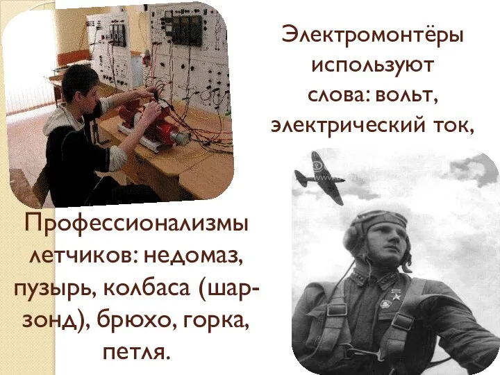 Электромонтёры используют слова: вольт, электрический ток, диспетчер. Профессионализмы летчиков: недомаз, пузырь, колбаса (шар-зонд), брюхо, горка, петля.