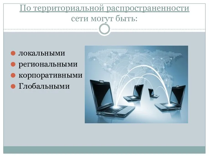 По территориальной распространенности сети могут быть: локальными региональными корпоративными Глобальными