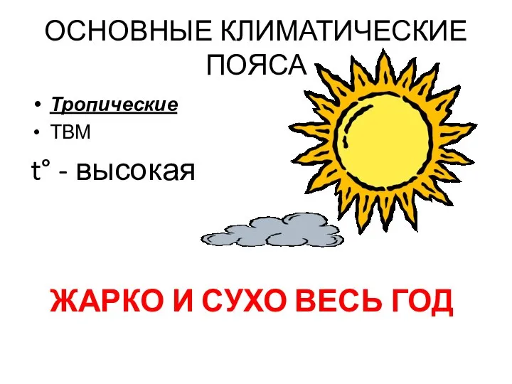 ОСНОВНЫЕ КЛИМАТИЧЕСКИЕ ПОЯСА Тропические ТВМ t° - высокая ЖАРКО И СУХО ВЕСЬ ГОД