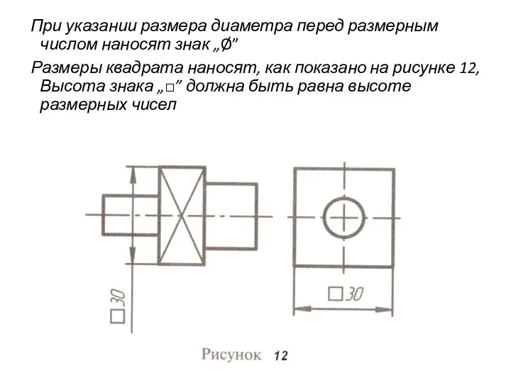 При указании размера диаметра перед размерным числом наносят знак „Ø” Размеры квадрата