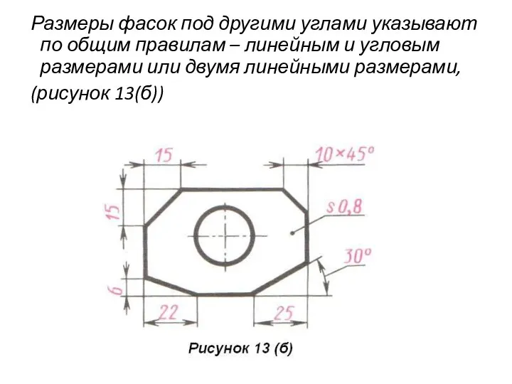 Размеры фасок под другими углами указывают по общим правилам – линейным и