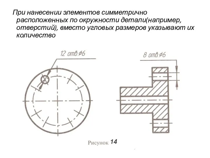 При нанесении элементов симметрично расположенных по окружности детали(например, отверстий), вместо угловых размеров указывают их количество