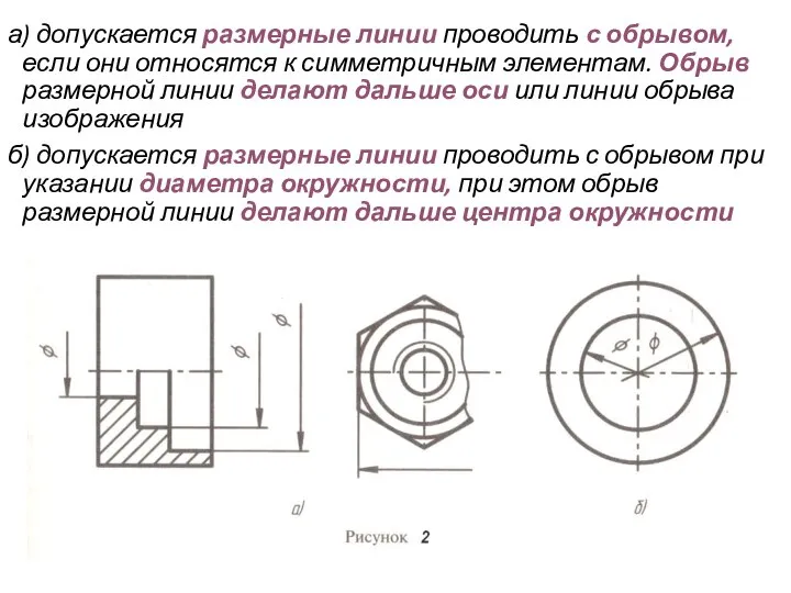 а) допускается размерные линии проводить с обрывом, если они относятся к симметричным