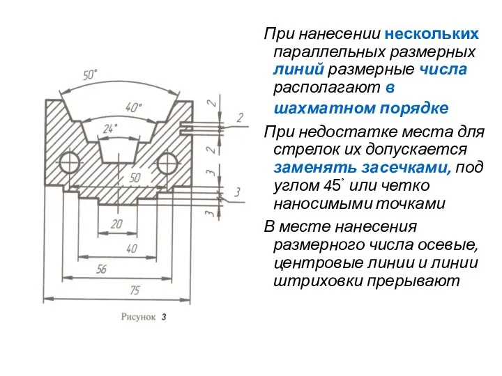 При нанесении нескольких параллельных размерных линий размерные числа располагают в шахматном порядке