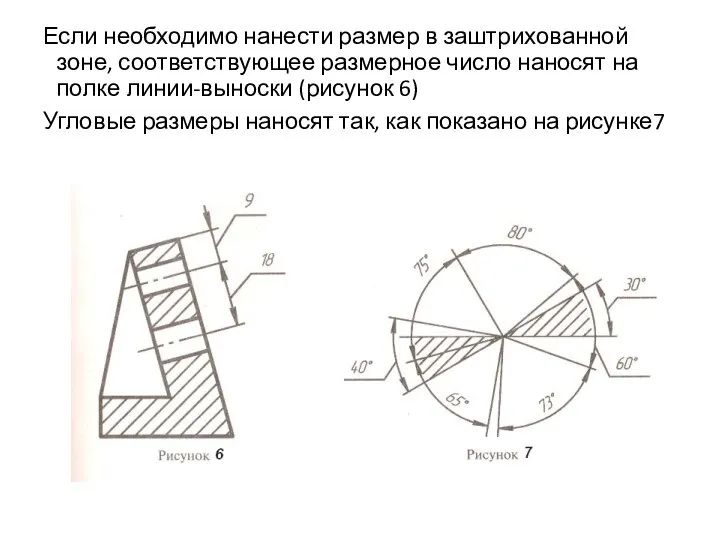 Если необходимо нанести размер в заштрихованной зоне, соответствующее размерное число наносят на