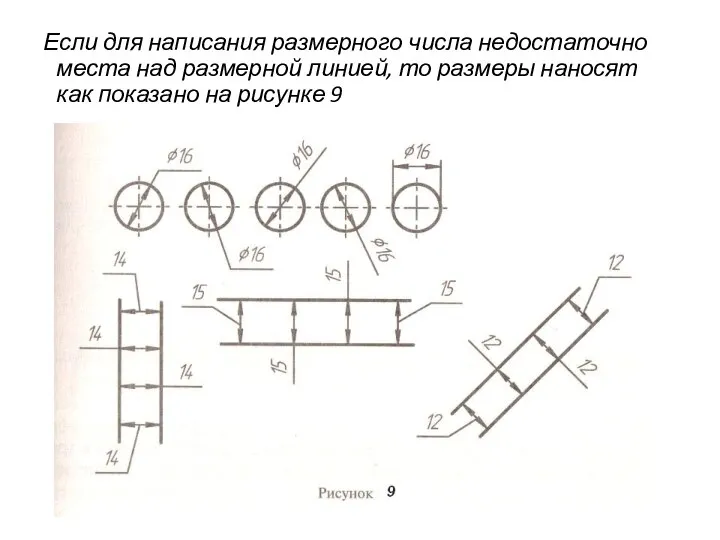 Если для написания размерного числа недостаточно места над размерной линией, то размеры